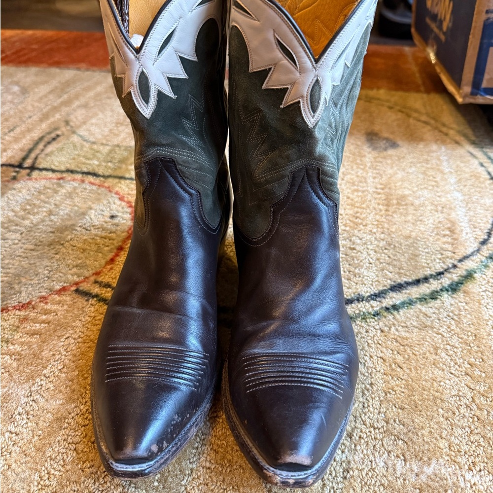 Vintage Chocolate Brown Low-Top Western Boots with Suede Green and White Tops